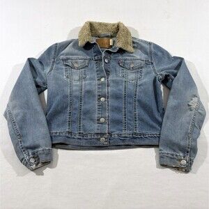VTG Levis Jacket Womens Denim Jean Sherpa Collar Y2K Trucker Blue Crop Coat Sz M